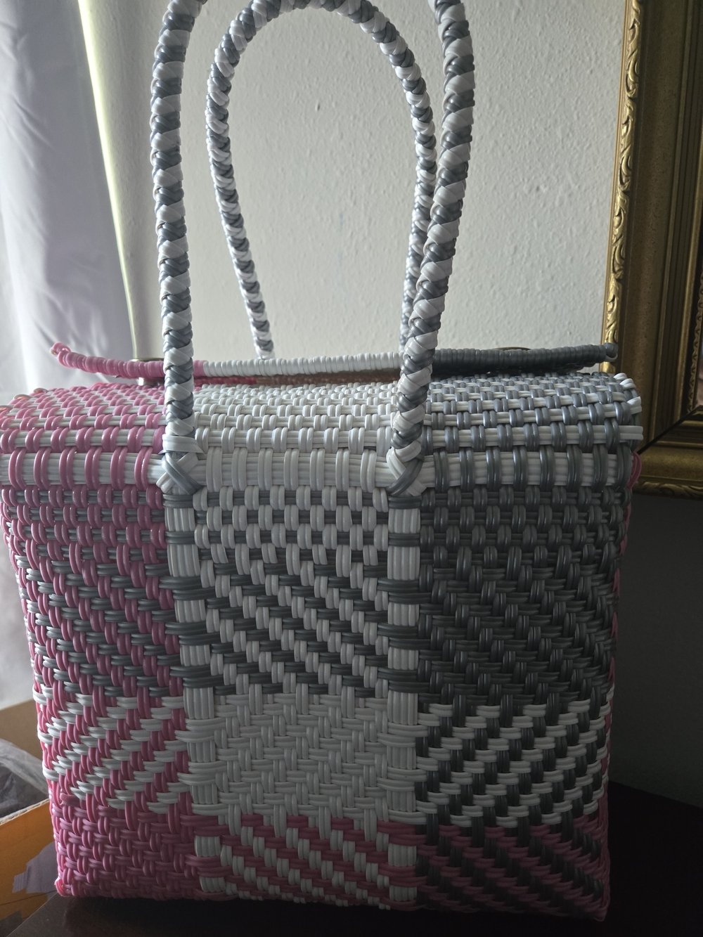 Woven Tote Bag in Pink, White & Gray